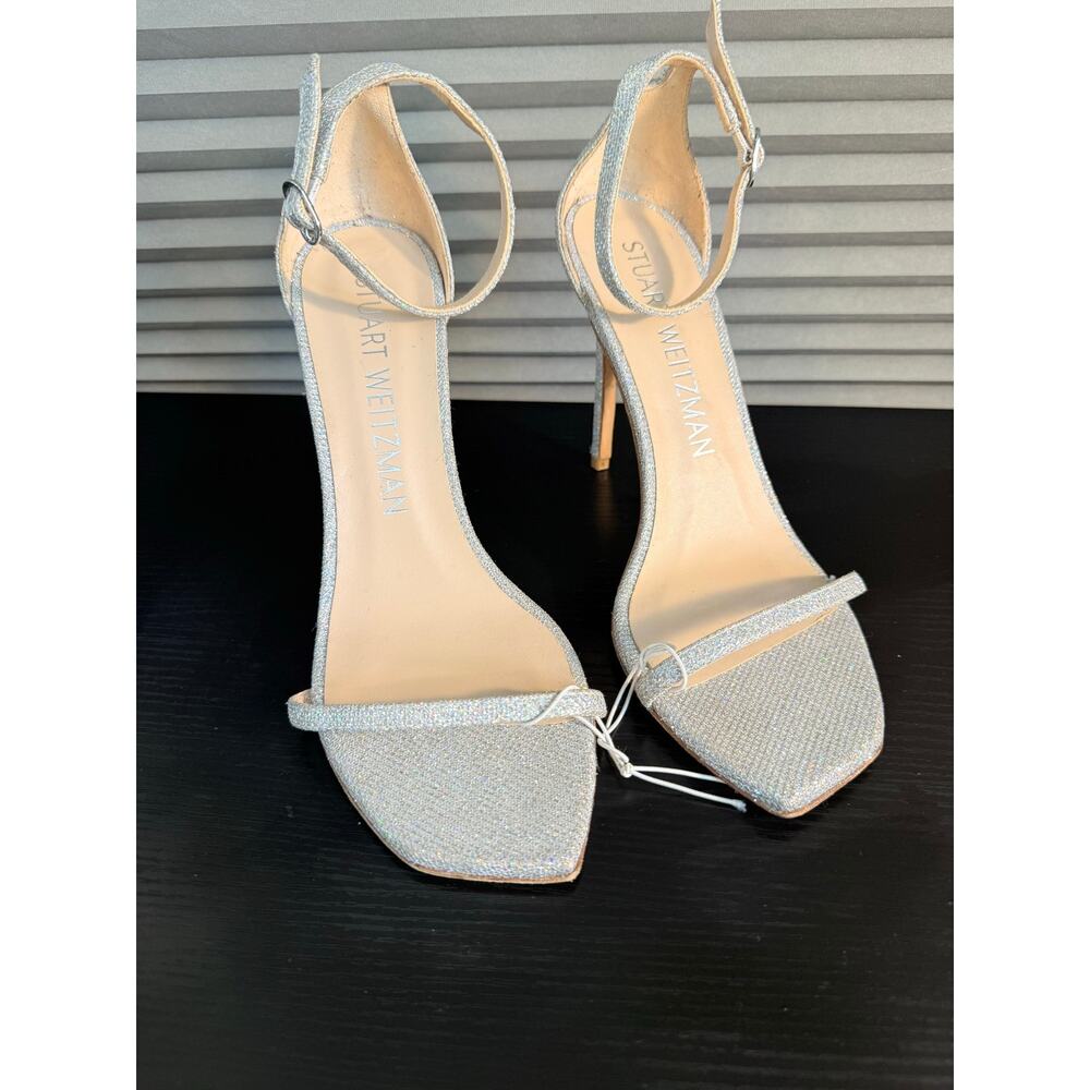 Stuart Weitzman Silver Glitter Nudist Curve Heels Women’s Size 10B Made In Spain